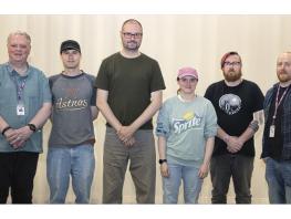 Course Leader Jim Hunter, students Douglas Rorrison, Ev Buckley, Roisin Brennan and Martin Philips and Broadcast Technician Andy Thornton.  Student Freddy Lancaster 