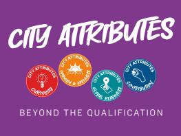 Purple background with City Attributes icons for Curiosity, Optimism & Openness, Global Readiness and Contribution.  